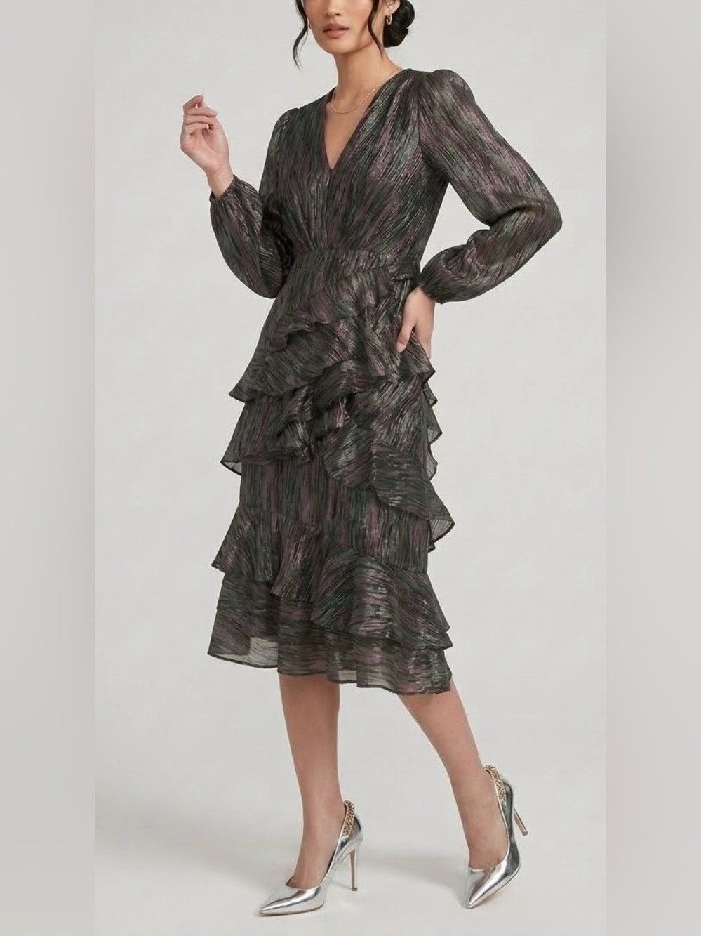 $695 Saloni Alya Black Rainbow Jacquard Metallic Ruffle Midi Dress US 2 Small S